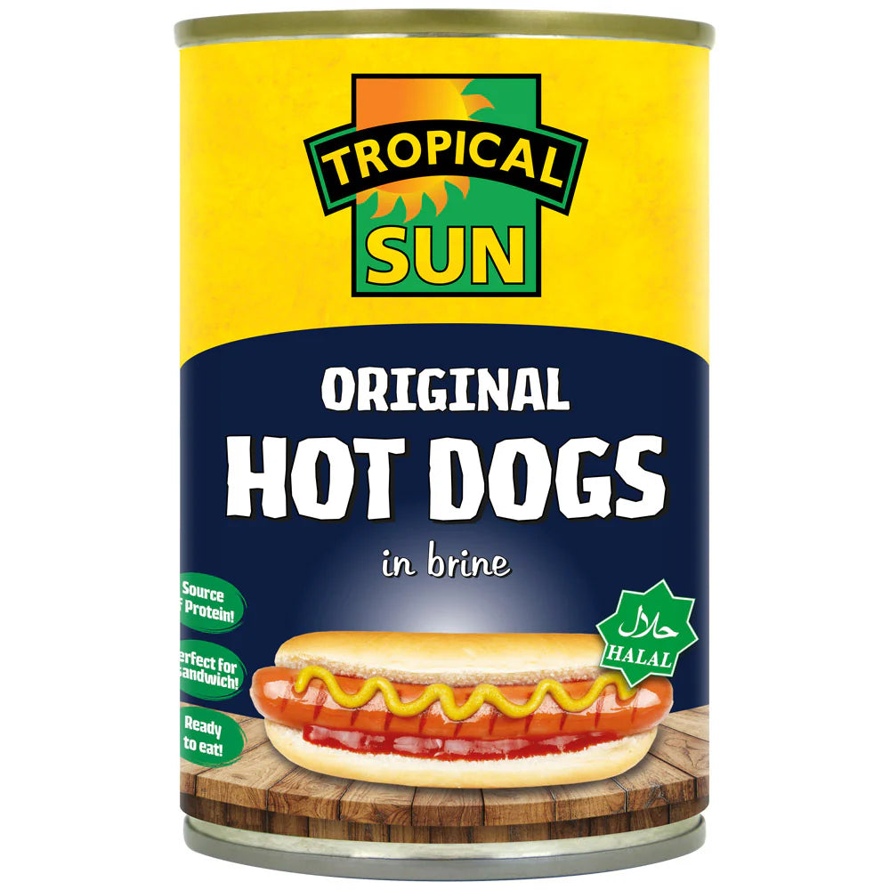 12 Tins Tropical Sun Hot Dogs in Brine 400g