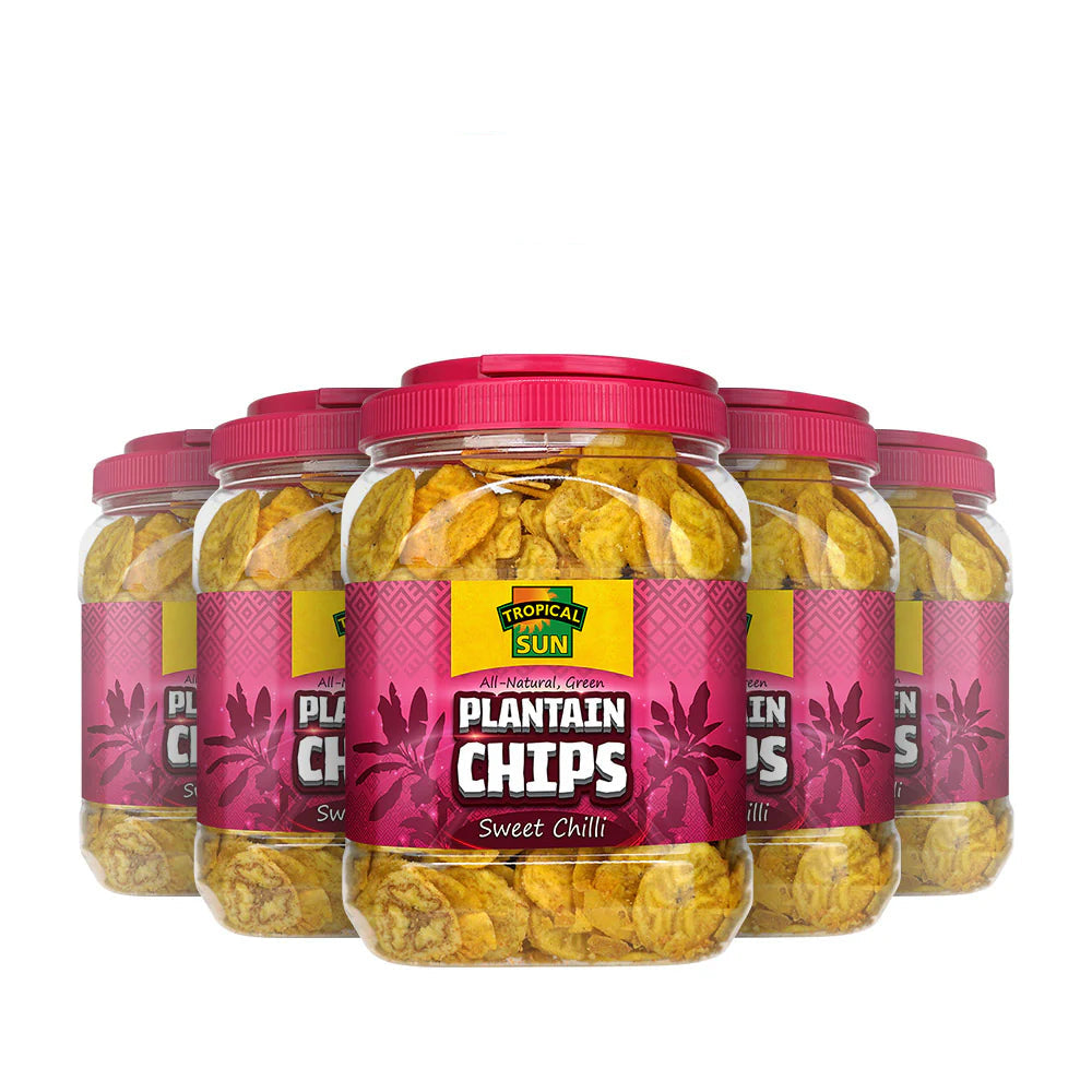 6 Tubs Tropical Sun Plantain Chips Tub Sweet Chilli 450g