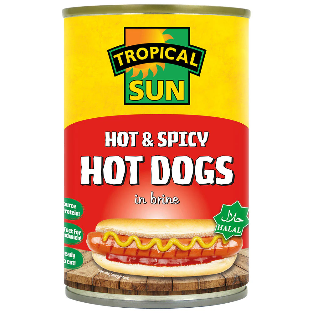 12 Tins Tropical Sun Hot Dogs Hot & Spicy in Brine Halal 400g