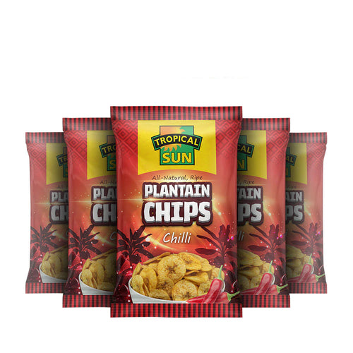 12-pack of Nise Wholesale Tropical Sun Ripe Plantain Chips with chili flavor, 70g each, crispy and spicy snack in a colorful package.