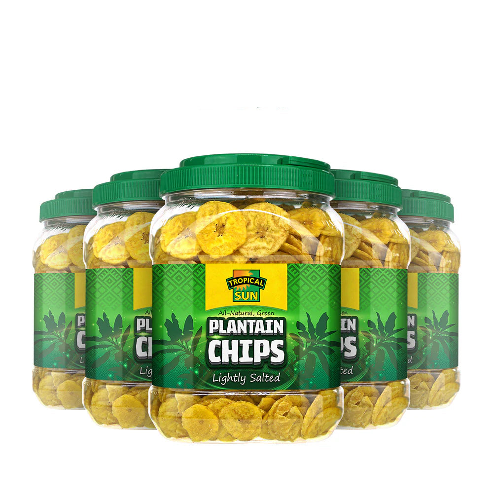 6 Tubs Tropical Sun Plantain Chips Tub Lightly Salted 450g